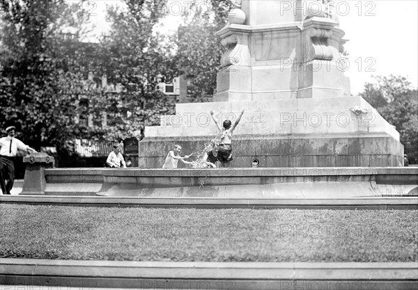 Children playing in a water fountain