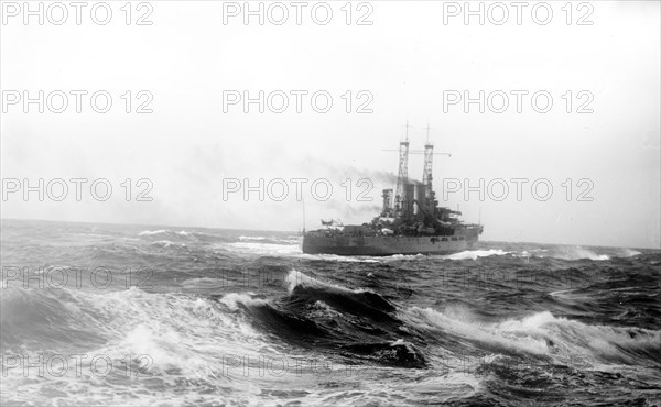 U.S. Navy Battleship caught in a storm at sea