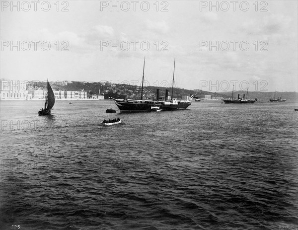 Imperial steamship Izzeddin near the Dolmabahc?e Sarayi (palace) ca. 1880