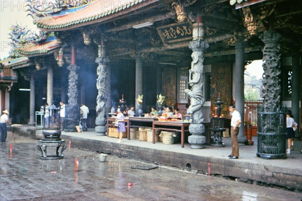 Some visitors and workers at Bangka Lungshan Temple in Taipei