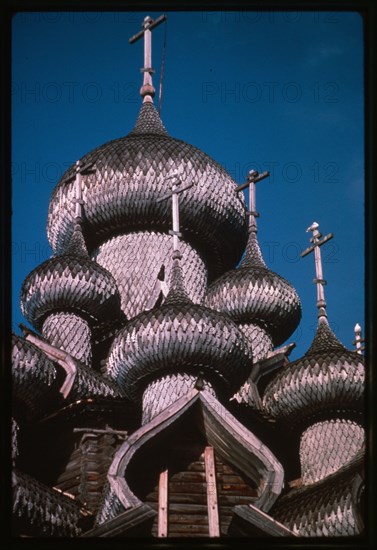 Church of the Transfiguration (1714), southwest view, cupolas with aspen, Kizhi Island, Russia 1991.