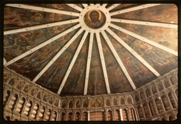 Church of the Epiphany (1787), interior, view east with  nebo (sky, or painted ceiling), Oshevensk, Russia 1998.