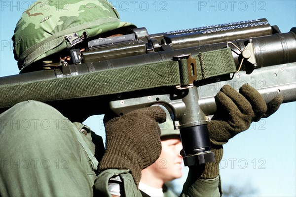 A US Army soldier aims an M.46A2 Redeye missile system