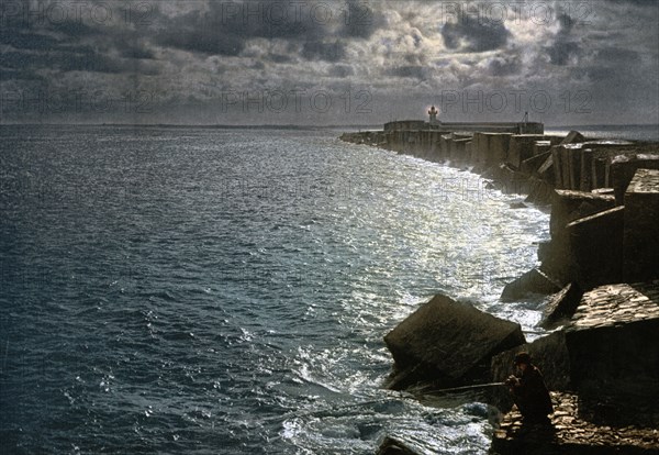 Moonlight view, with lighthouse, Algiers, Algeria ca. 1899