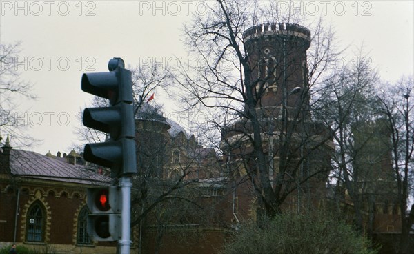 Close up of a traffic signal (stop light) in a large city in Russia in the late 1970s (1978)