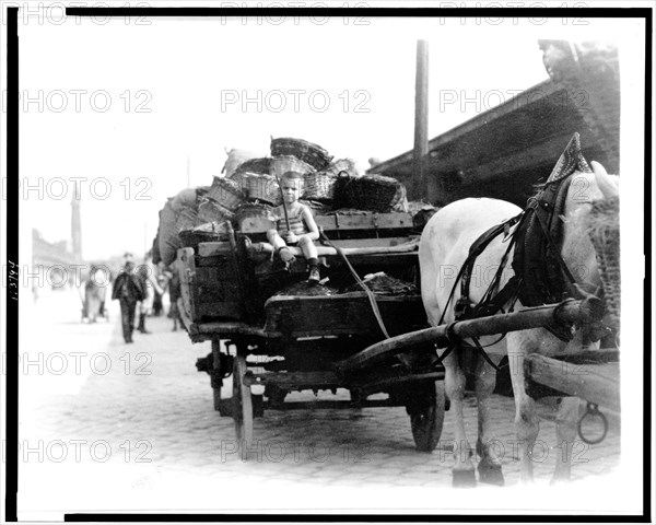 Boy driving horse-drawn wagon loaded with baskets, Hungary 1923