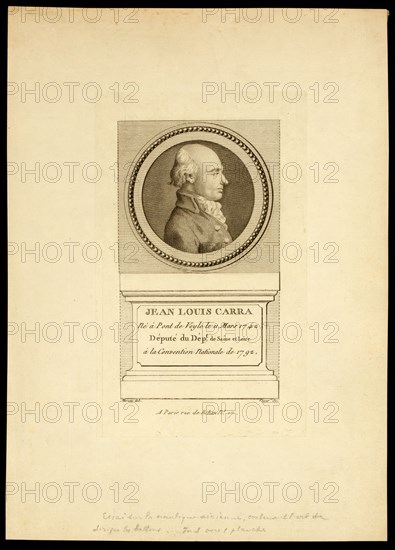 Head-and-shoulders profile portrait of Jean-Louis Carra. -Jean Louis Carra, né à Pont de Veyle le 11 mars 1742, député du Dépt. de Saône et Loire, à la Convention nationa