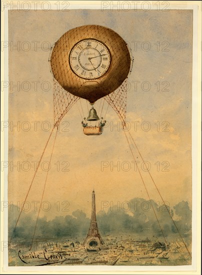 Captive balloon with clock face and bell, floating above the Eiffel Tower, Paris, France