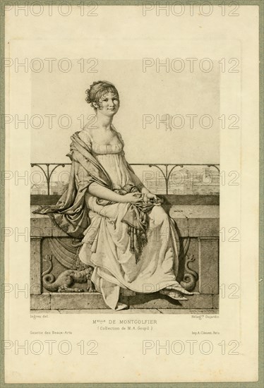 Full-length portrait of Adélaide Montgolfier, seated on a wall with balloons in the background.