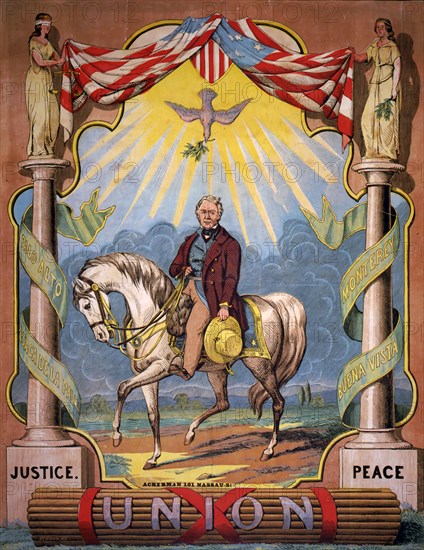 Zachary Taylor Campaign Print - An extremely large, color campaign poster for Democratic nominee Zachary Taylor. The victorious Mexican War general is shown mounted on a white charger. ca. 1848