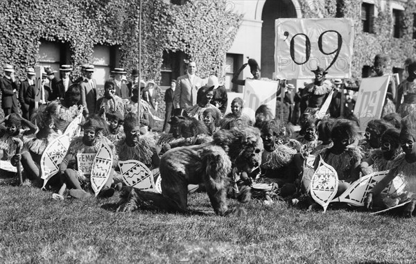 Columbia University students dress up as Zulu warriors (original caption identifies the students as Zulu savages) ca. 1910-1915