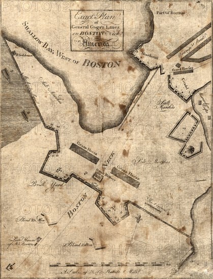 Vintage Maps / Antique Maps - Exact plan of General Gage's lines on Boston Neck in America ca. 1775?