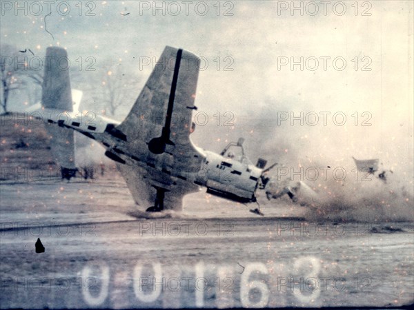 Researchers at the National Advisory Committee for Aeronautics (NACA) Lewis Flight Propulsion Laboratory purposely wreck a McDonnell FH-1 Phantom as part of the laboratory’s Crash Fire Program. ca. 1955