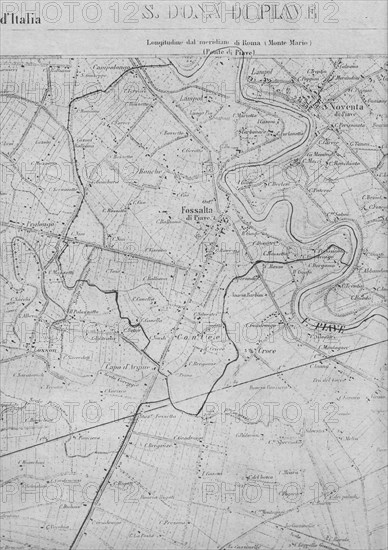 Part of the topographic map of 1892 of the IGM with Fossalta di Piave (the current boundaries of the municipal territory have been indicated)