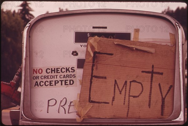 Empty gas pump during gas shortage, no location, 1973.