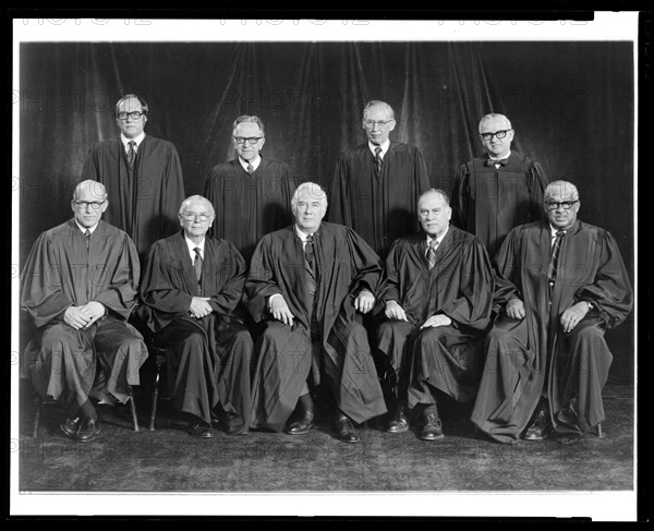 U.S. Supreme Court group portrait, 1976. Group portrait of Justices William J. Brennan, Jr.; Byron R. White; Harry A. Blackmun; William H. Rehnquist; Potter Stewart; Thurgood Marshall; Lewis F. Powell, Jr.; John Paul Stevens, III; and Chief Justice Warren E. Burger. Washington, DC, 1976.