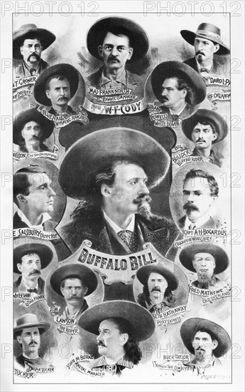 Buffalo Bill Poster with Groner, Blue Hall, Maj Frank, D Frank, Davidl, Nelson, Salsbury, Nheelan, Jim Lawson, Tucker, John M Burke, Seth Hathaway, Buck Taylor, Fred Mathews, Bogardus, Bill Bullock