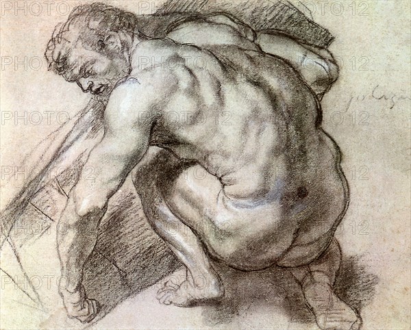 Study of a Male Nude Lifting a Heavy Object.