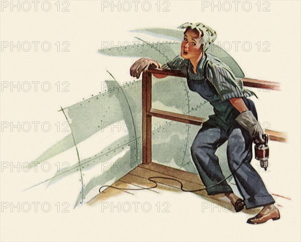 Woman Riveter leans exhausted against a support rail.