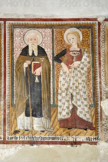 Sant'antonio Abate and Santa Lucia. 15th Century Umbrian School Fresco Cycle. Church of San Giovanni Battista. Arrone. Valnerina. Umbria. Italy