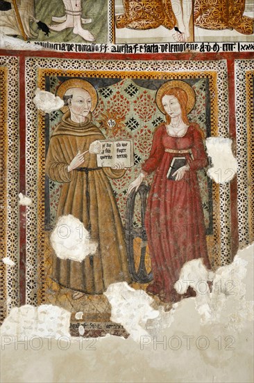 San Bernardino Da Siena and Santa Caterina. 15th Century Umbrian School Fresco Cycle. Church of San Giovanni Battista. Arrone. Valnerina. Umbria. Italy