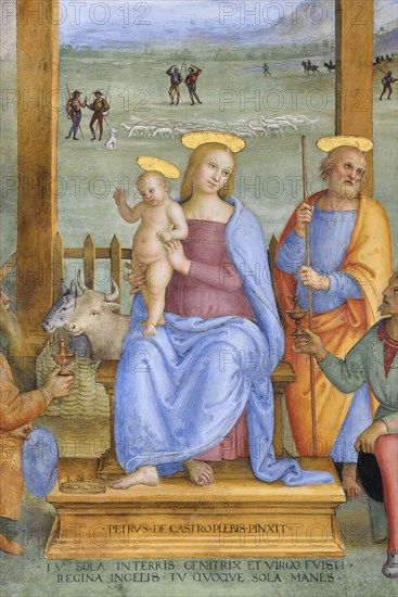 Trevi (Italy, Umbria, province of Perugia), Sanctuary of the Madonna delle Lacrime, Chapel of the Nativity. Perugino, Adoration of the Magi, 15th-16th century, fresco