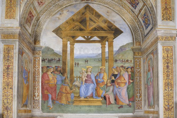 Trevi (Italy, Umbria, province of Perugia), Sanctuary of the Madonna delle Lacrime, Chapel of the Nativity. Perugino, Adoration of the Magi, 15th-16th century, fresco