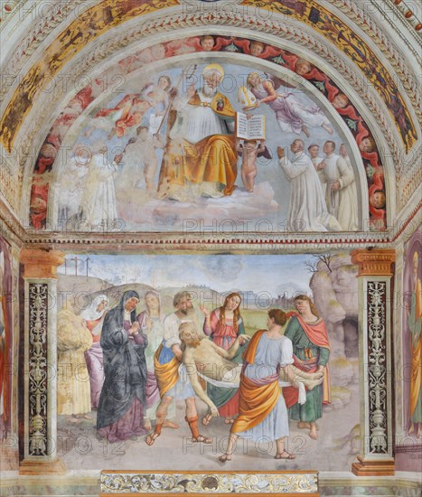 Trevi (Italy, Umbria, province of Perugia), Sanctuary of the Madonna delle Lacrime, Chapel of San Francesco. Giovanni di Pietro, known as Lo Spagna, Transport of Christ, in the lunette Sant'Ubaldo, 15th-16th century, fresco