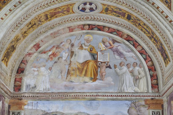 Trevi (Italy, Umbria, province of Perugia), Sanctuary of the Madonna delle Lacrime, Chapel of San Francesco. Giovanni di Pietro, known as Lo Spagna, in the lunette Sant'Ubaldo, 15th-16th century, fresco