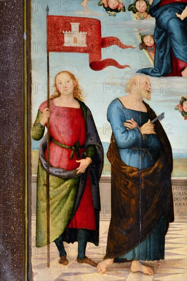 Città della Pieve (Italy, Umbria, province of Perugia), Cathedral of Saints Gervasio and Protasio. Perugino, Madonna and Child with Saints Gervasio, Pietro, Paolo and Protasio, painted on wood. Detail