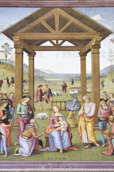 Città della Pieve (Italy, Umbria, province of Perugia), Oratory of Santa Maria dei Bianchi, Perugino, Adoration of the Magi, fresco dimensions 700x650 cm, dating 1504. Detail