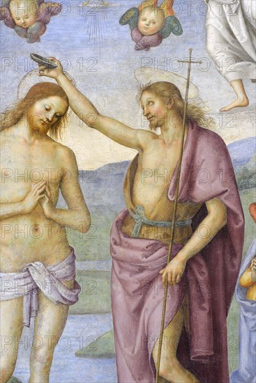 Foligno (Italy, Umbria, province of Perugia), Oratory of the Nunziatella. Perugino, Baptism and the Eternal Adored by two angels, fresco. Detail