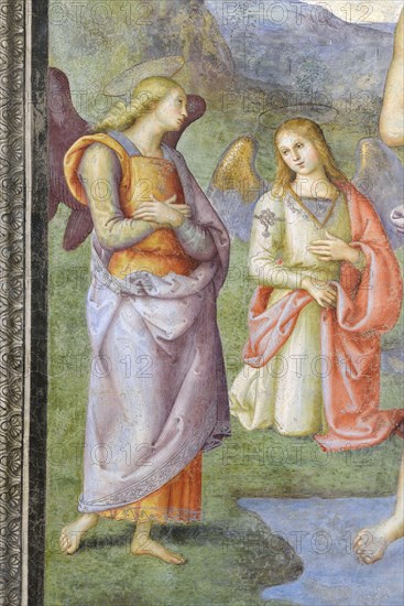 Foligno (Italy, Umbria, province of Perugia), Oratory of the Nunziatella. Perugino, Baptism and the Eternal Adored by two angels, fresco. Detail