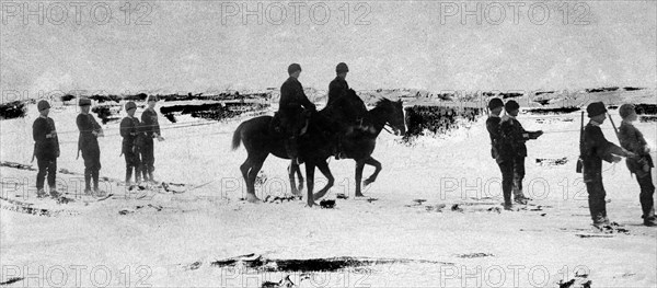 skiers with horses