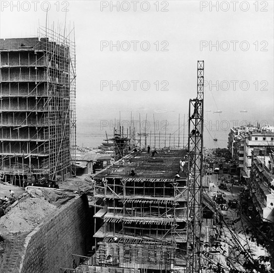 asie, chine, hong kong, chantiers d'extension de la ville, 1958