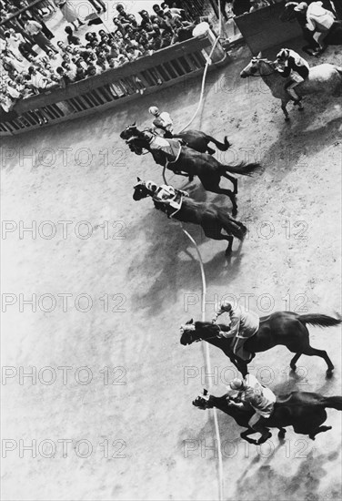 europe, italie, toscane, sienne, début du palio, 1950