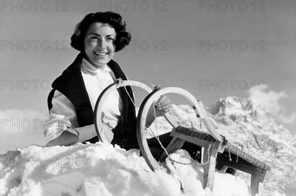 Italy. Cortina. Woman With Sleigh. 1952