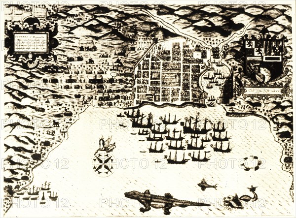 Sir francis drake in cartagena, giovanni battista boazio, 1585