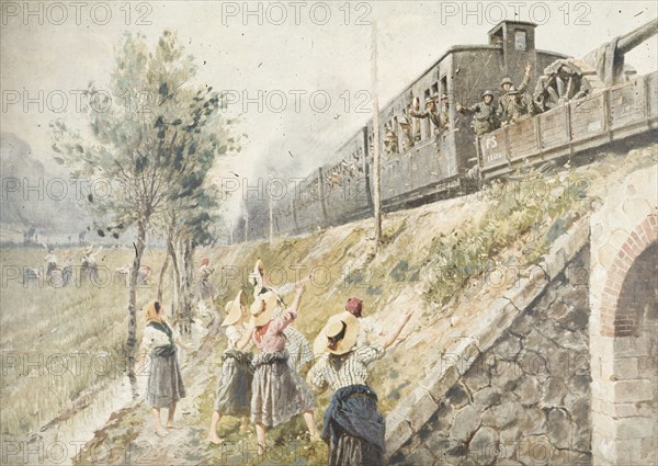 Italian soldiers towards the front greeted by women in the fields