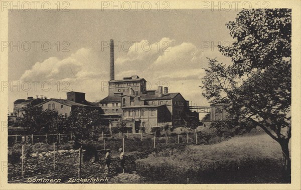 Sugar factory in Gommern in the district of Jerichower Land in Saxony-Anhalt, Germany, view from ca 1910, digital reproduction of a public domain postcard.