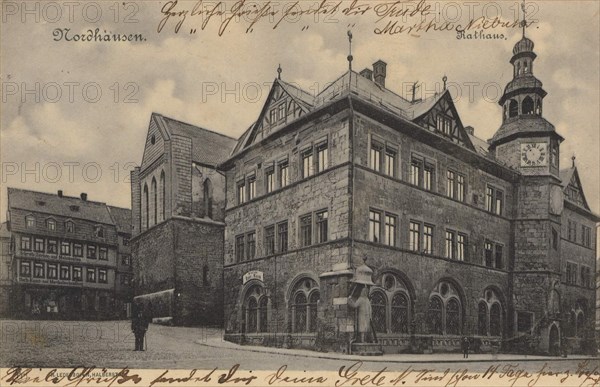 Town hall of Nordhausen, Thuringia, Germany, view from ca 1910, digital reproduction of a public domain postcard.