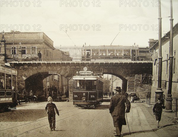 City scene of trams or trolley cars in Odessa