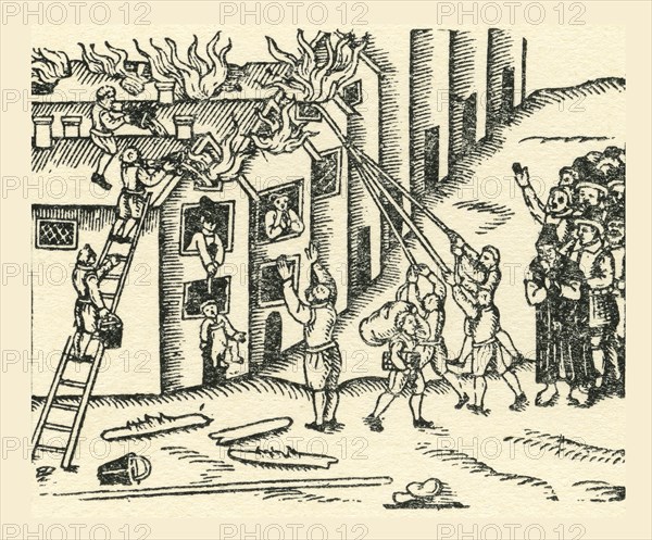A 16th century fire brigade at work.