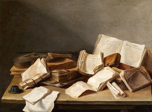 Still life with books and a violin