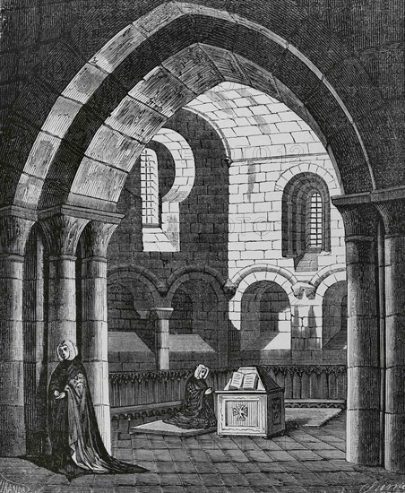 Spain, Aragon, Huesca province. Royal Monastery of Santa Maria de Sigena. Chapel of San Pedro. Monastery for Hospital Nuns. Illustration by Fernando Miranda. Engraving by Sierra. Cronica General de España, Historia Ilustrada y Descriptiva de sus Provincias. Aragon, 1866.