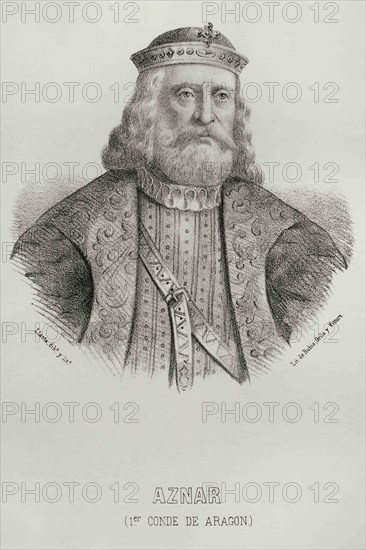 Aznar I Galindez (d. 839). Count of Aragon (809-820), Cerdanya and Urgell (820-839). Portrait. Illustration by Santiago Llanta. Lithography. Cronica General de España, Historia Ilustrada y Descriptiva de sus Provincias. Aragon, 1866.