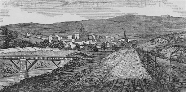 Spain, Aragon, Zaragoza province, Ateca. General view of the village. Jalon river and the railway line, inaugurated in 1863 (Medinaceli-Zaragoza section). Engraving. Cronica General de España, Historia Ilustrada y Descriptiva de sus Provincias. Aragon, 1866.