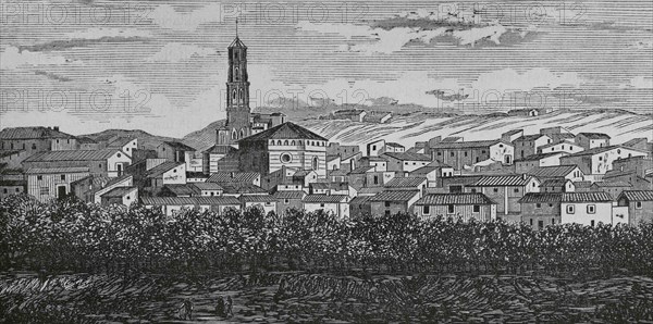 Spain, Aragon, Zaragoza province, Ricla. General view of the village. Engraving. Cronica General de España, Historia Ilustrada y Descriptiva de sus Provincias. Aragon, 1866.