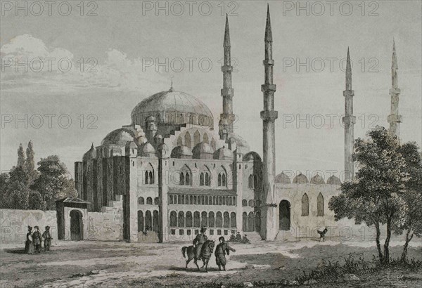 Ottoman Empire. Turkey. Constantinople (today Istanbul). The Suleymaniye Mosque (1550-1557). It was commisioned by Suleyman the Magnificent and designed by the imperial architect Mimar Sinan. Engraving by Lemaitre and Arnaut. Historia de Turquia by Joseph Marie Jouannin (1783-1844) and Jules Van Gaver, 1840.