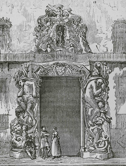 Spain, Valencia. Palace of the Marquis of Dos Aguas. Detail of main facade. Engraving, 19th century. Cronica General de España. Historia Ilustrada y Descriptiva de sus Provincias. Valencia, 1867.